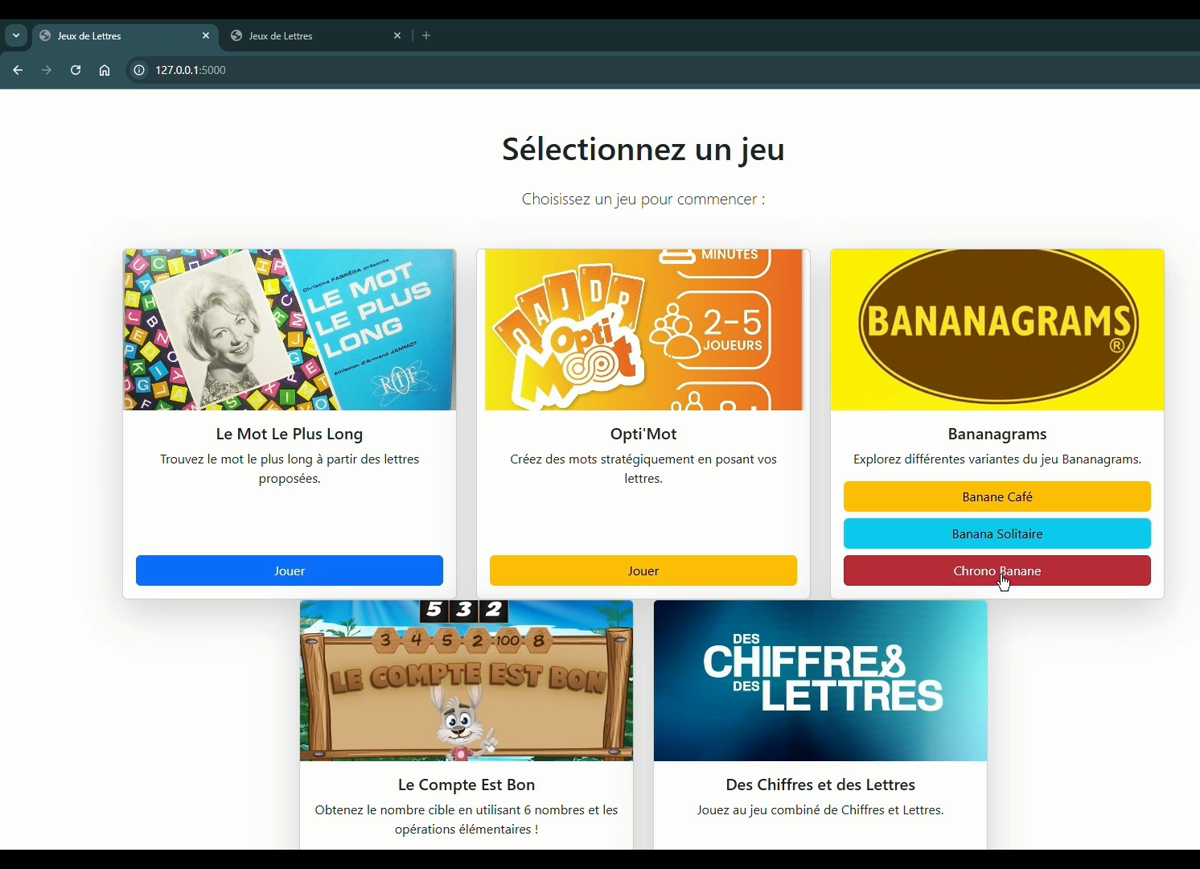 Menu de la plateforme de mini-jeux